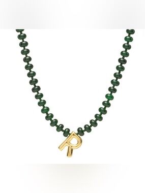 Mayamar Gold Tone Plated 'R' Pendant Dark Jade Beaded Necklace